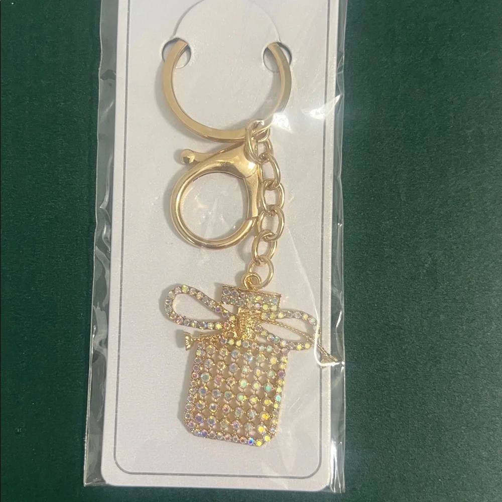 Gold tone Gift Bag Keychain with multi-color rhinestones